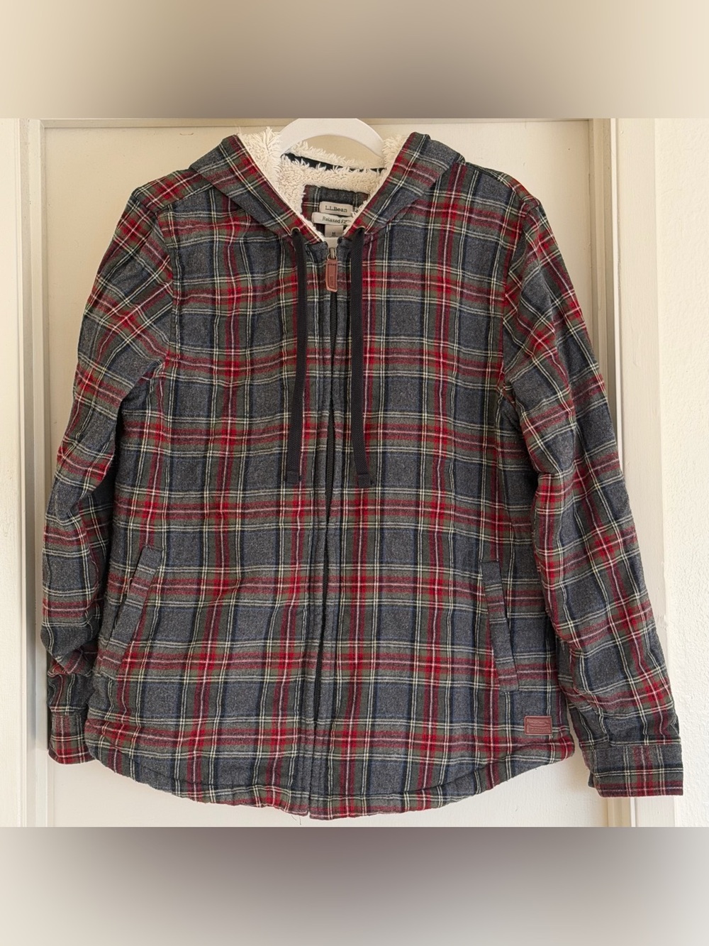 LL Bean Hoodie Women's Medium Scotch Plaid Relaxed Sherpa Lined Flannel Jacket